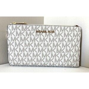 New Michael Kors Jet Set Travel Double zip wallet Signature Vanilla